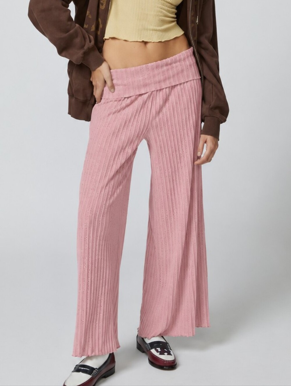 Urban Outfitters Angie Cozy Out From Under Women's Ribbed Wide-Leg Pants Pink S